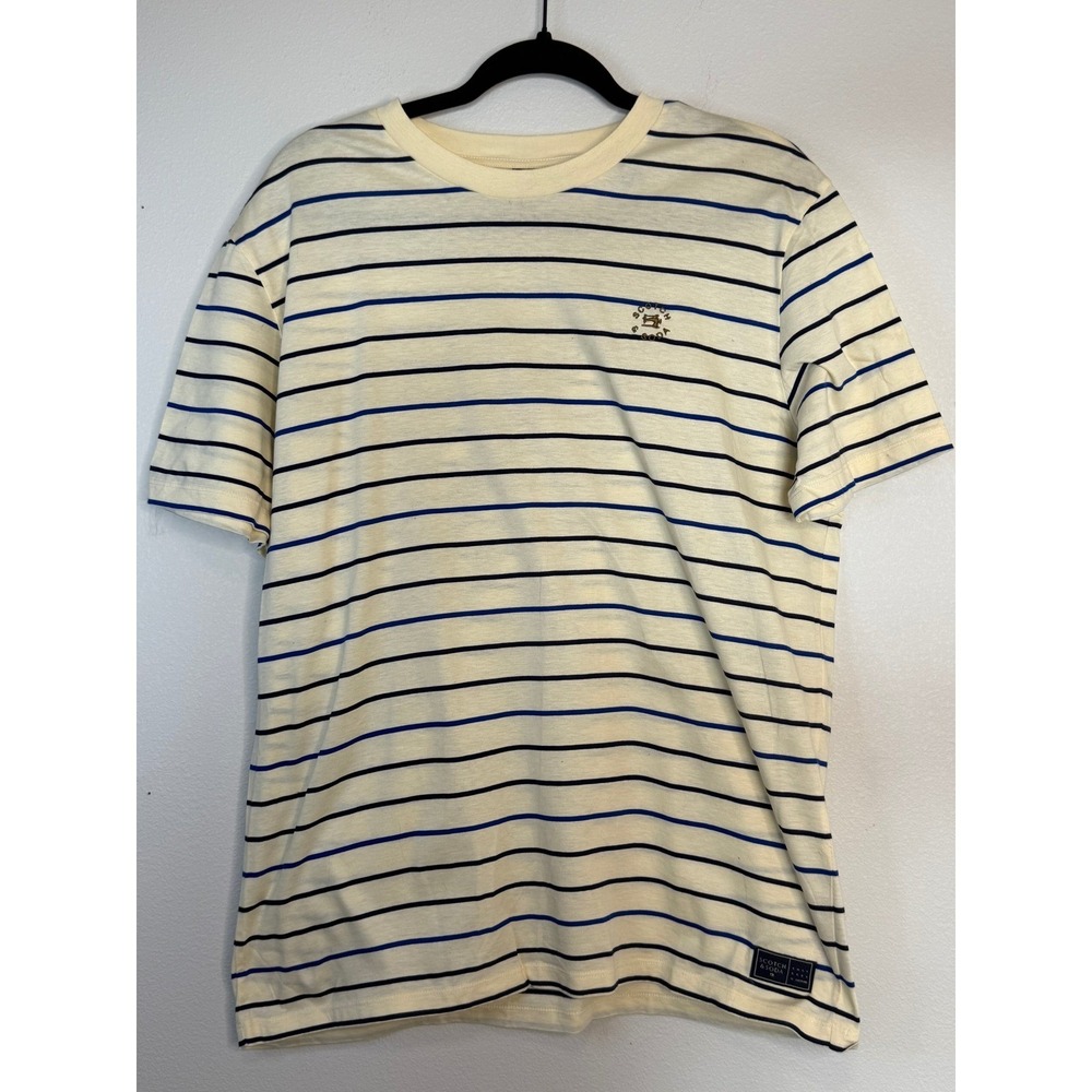 Scotch & Soda Men's XL Striped T-Shirt Cream Navy Blue Cotton Logo Tee
